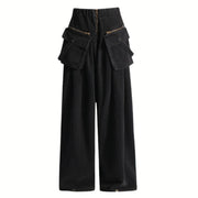 Maxi Pocket Dark Grey Wide-Leg Jeans with Vintage Zipper-SimpleModerne