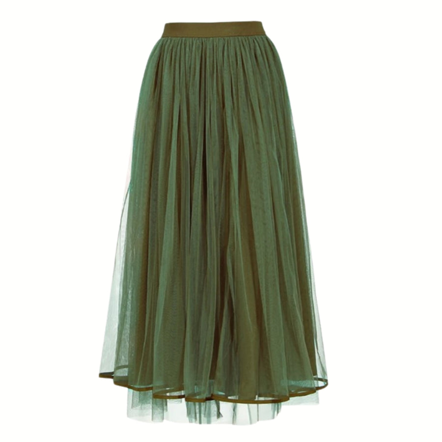 Elegant Olive Green Tulle Skirt with Elasticated Waist – Mid-Calf Length