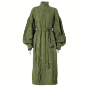 Olive Green Knitted Turtleneck Dress with Belt and Puffed Sleeves