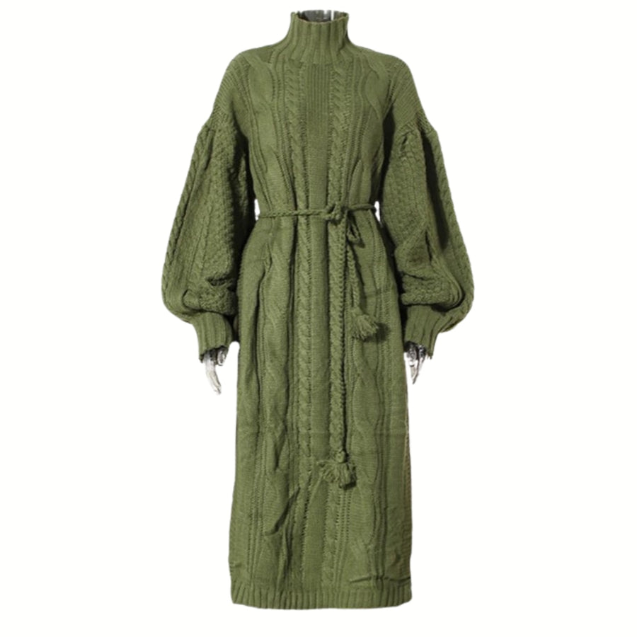 Olive Green Knitted Turtleneck Dress with Belt and Puffed Sleeves-SimpleModerne