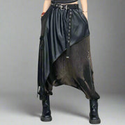 Punk-Inspired Trousers with Vegan Leather Overlay and Vintage Finish-SimpleModerne