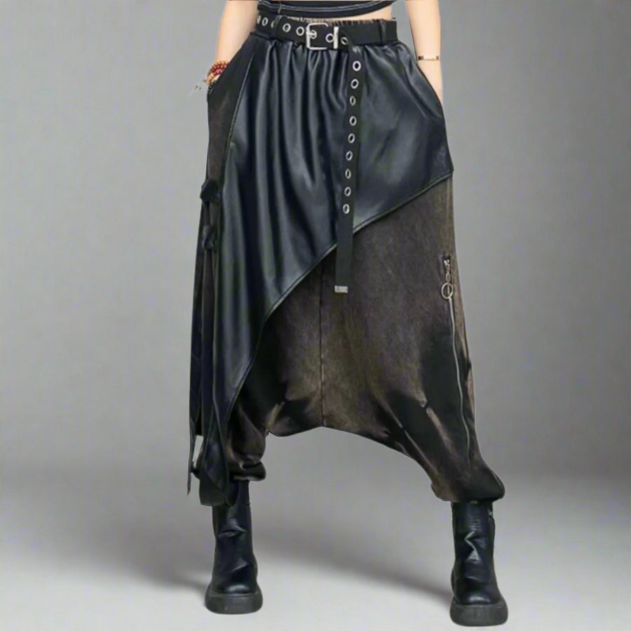 Punk-Inspired Trousers with Vegan Leather Overlay and Vintage Finish-SimpleModerne