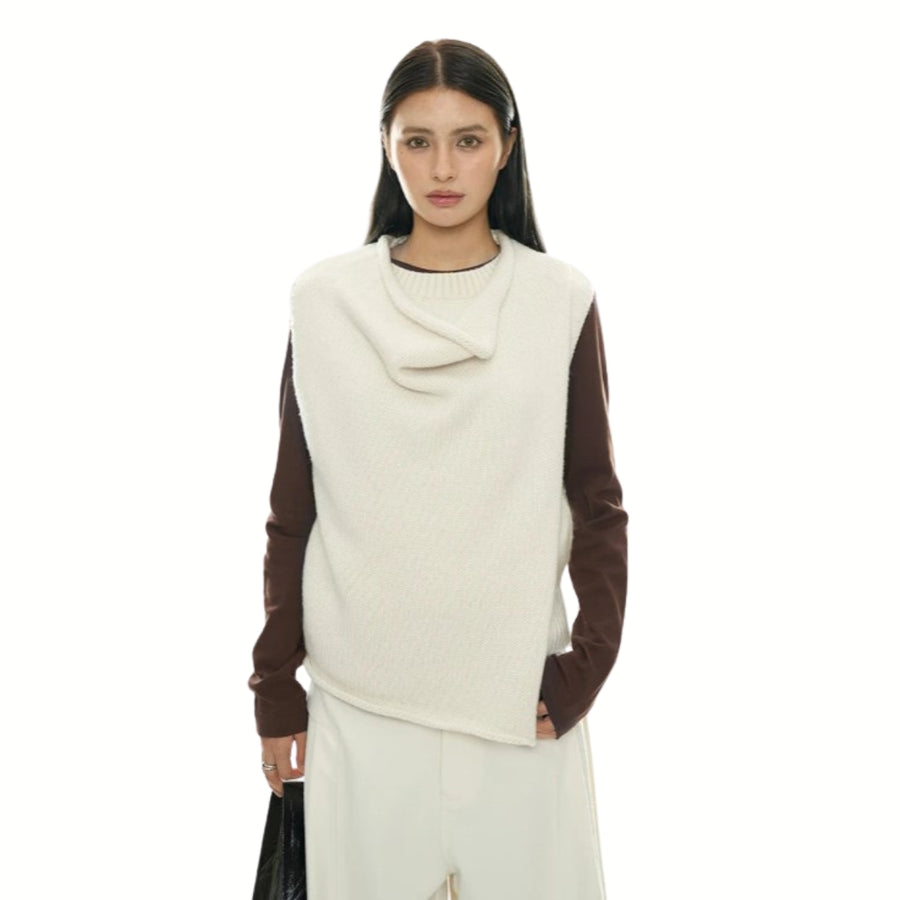 Layered Sleeveless Sweater with Draped Neckline - Cream White & Black-SimpleModerne