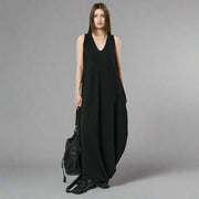 Maxi Potato Bag Dress with Deep V-Neckline - Black-SimpleModerne