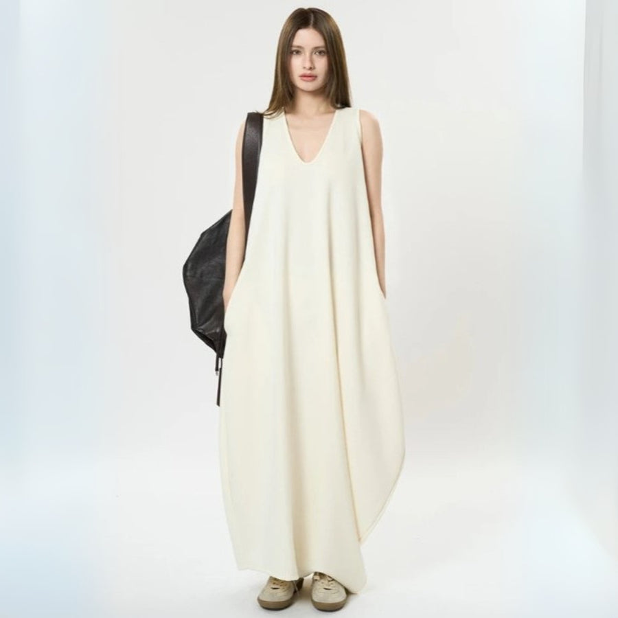 Maxi Potato Bag Dress with Deep V-Neckline - Beige-SimpleModerne