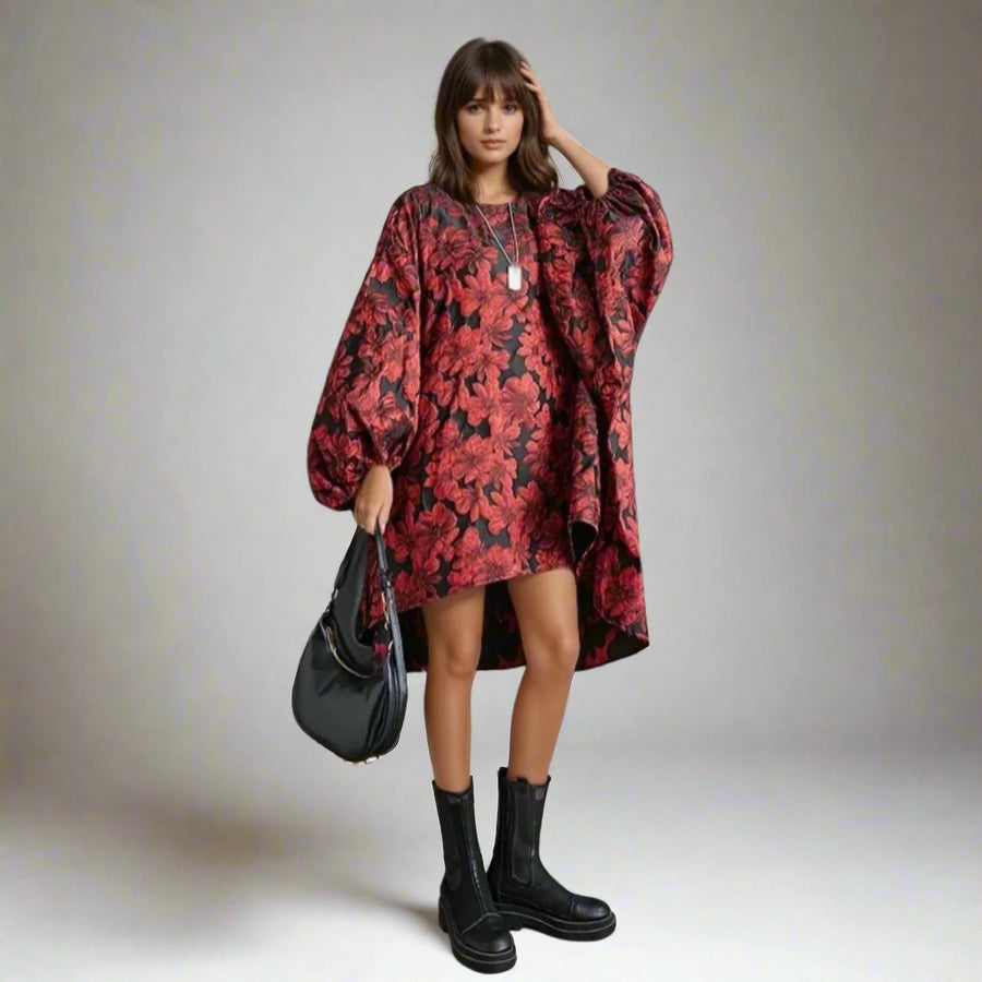 Red Floral Lantern Sleeve Asymmetrical Winter Dress – High-Low Pullover Style