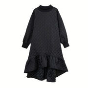 Quilted Winter Dress with Turtleneck and Knitted Cuffs - Warm and Stylish Mid-Calf Design