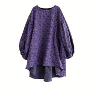 Purple Floral Lantern Sleeve Asymmetrical Dress - Elegant Winter-Ready Design