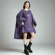 Purple Floral Lantern Sleeve Asymmetrical Dress - Elegant Winter-Ready Design-SimpleModerne