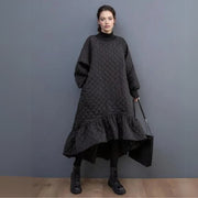 Quilted Winter Dress with Turtleneck and Knitted Cuffs - Warm and Stylish Mid-Calf Design