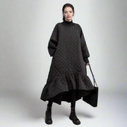 Quilted Winter Dress with Turtleneck and Knitted Cuffs - Warm and Stylish Mid-Calf Design