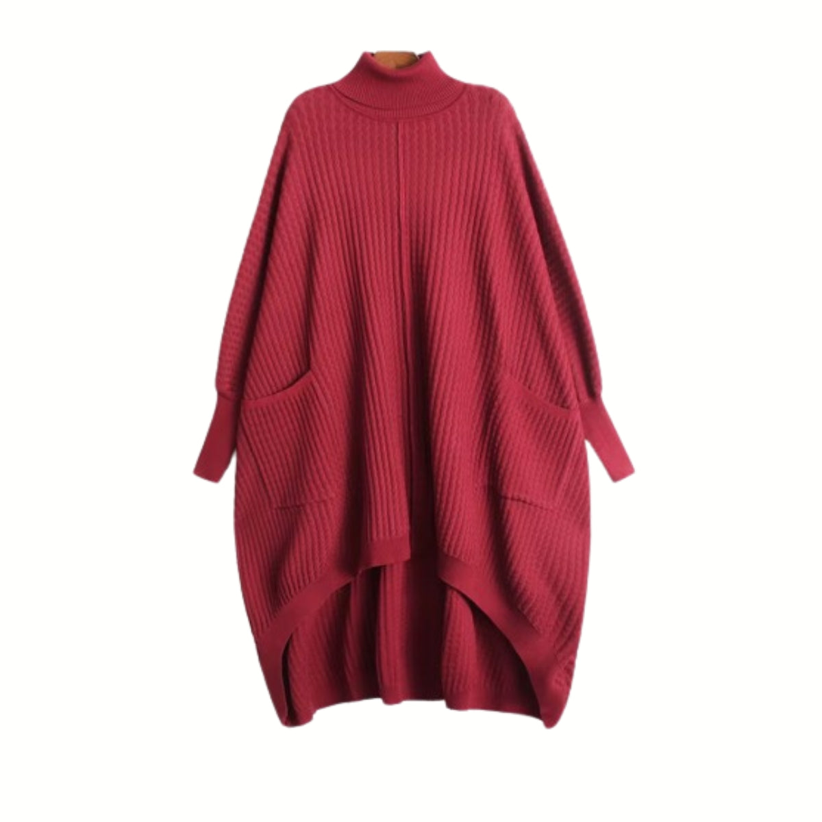 Casual Red Oversized Turtleneck Knit Dress with High-Low Hem and Pockets-SimpleModerne