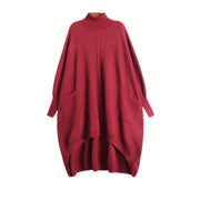 Casual Red Oversized Turtleneck Knit Dress with High-Low Hem and Pockets-SimpleModerne