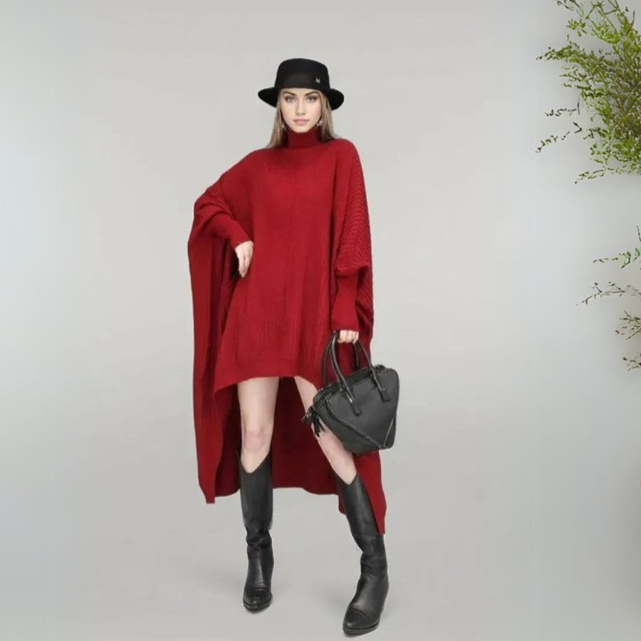 Casual Red Oversized Turtleneck Knit Dress with High-Low Hem and Pockets-SimpleModerne