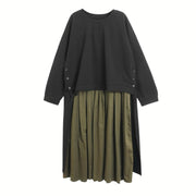 Two-Piece Black and Khaki Green Pleated Dress with Oversized Pullover-SimpleModerne