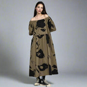 Khaki Bardot Punk Dress with Black Abstract Print – Edgy Off-Shoulder Mid-Calf Style