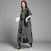 Charcoal Gray Bardot Punk Dress with Black Abstract Print