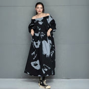 Black and Gray Bardot Punk Dress with Abstract Print