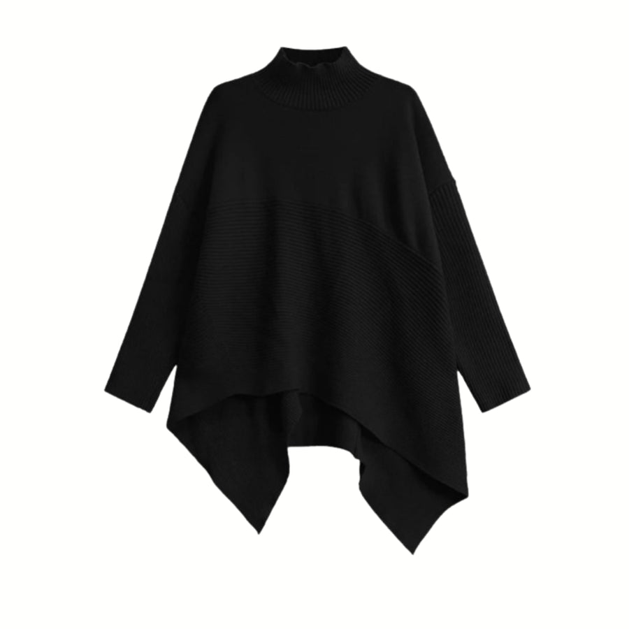 Knitted Asymmetrical Pullover with Turtleneck – Classic Black & Bold Red-SimpleModerne