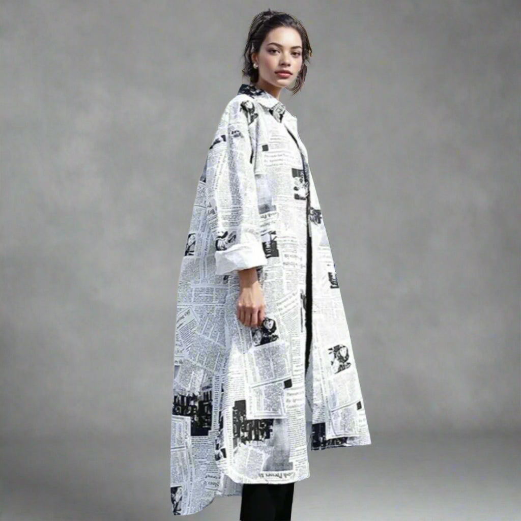 Newspaper Print Maxi Shirt Dress - Button-Up Oversized Longline Blouse with Collar-SimpleModerne