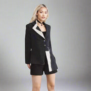 Asymmetrical Navy Blue Pinstripe Blazer with Contrast Panels-SimpleModerne