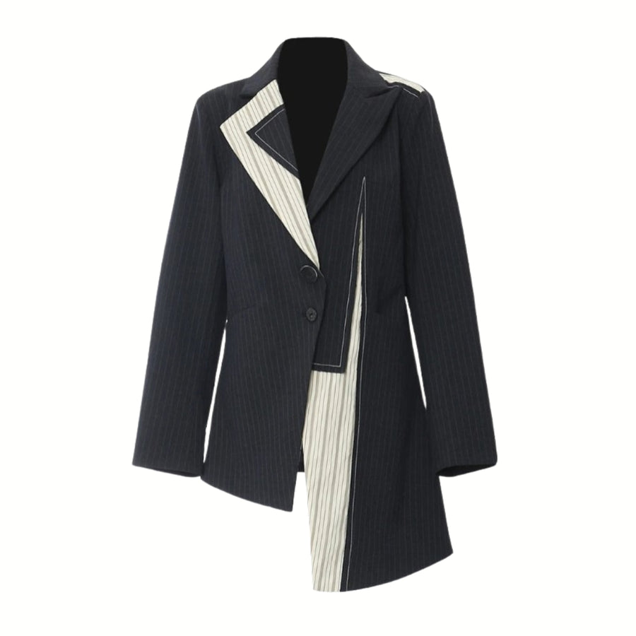 Asymmetrical Navy Blue Pinstripe Blazer with Contrast Panels-SimpleModerne