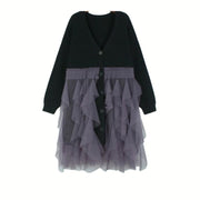 Oversized Black Cardigan with Purple Lace Overlay – Gothic Tulle Design