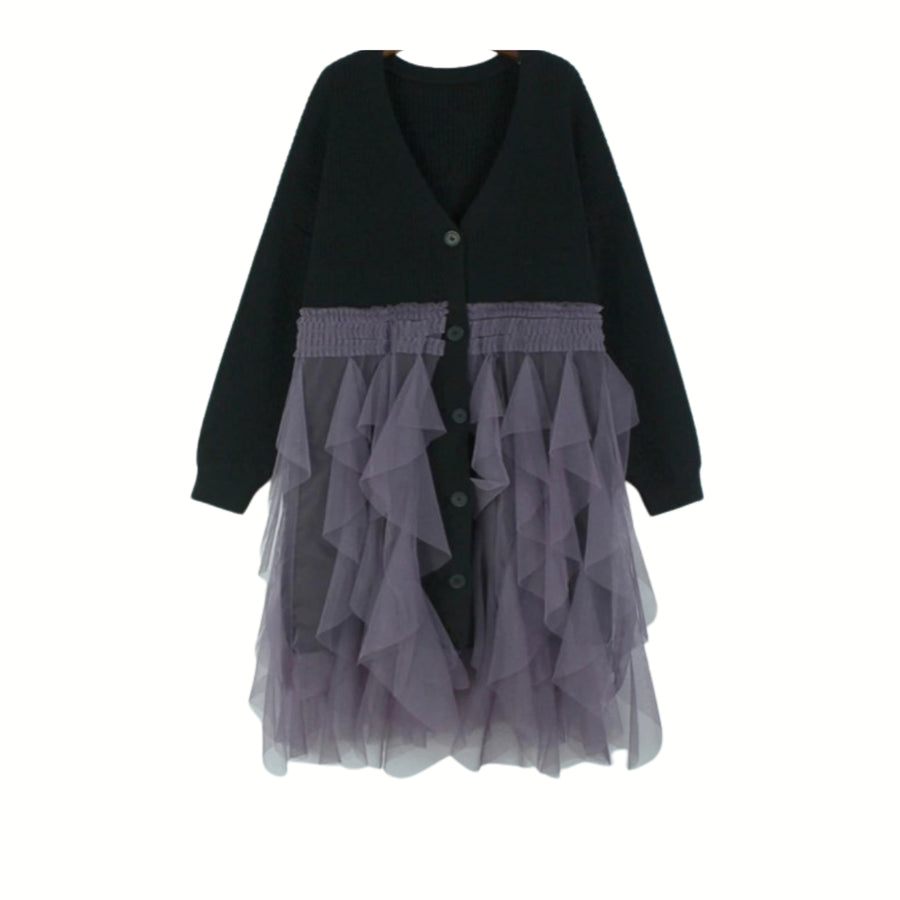 Oversized Black Cardigan with Purple Lace Overlay – Gothic Tulle Design