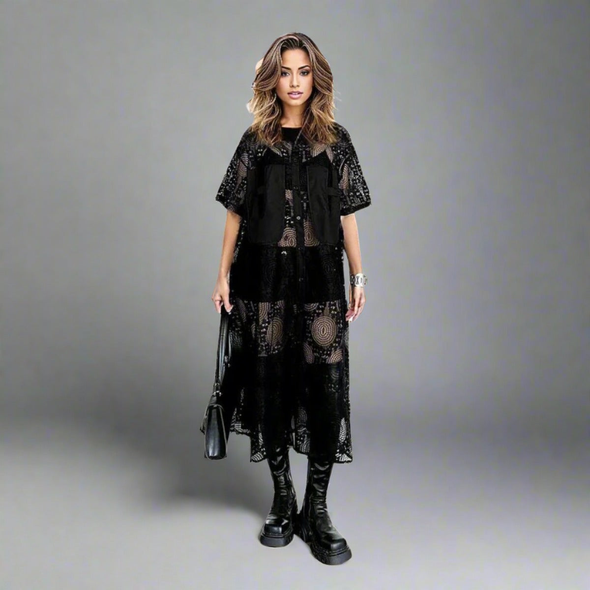 Gothic Style Black Lace See-Through Shirt Dress with Button Closure-SimpleModerne