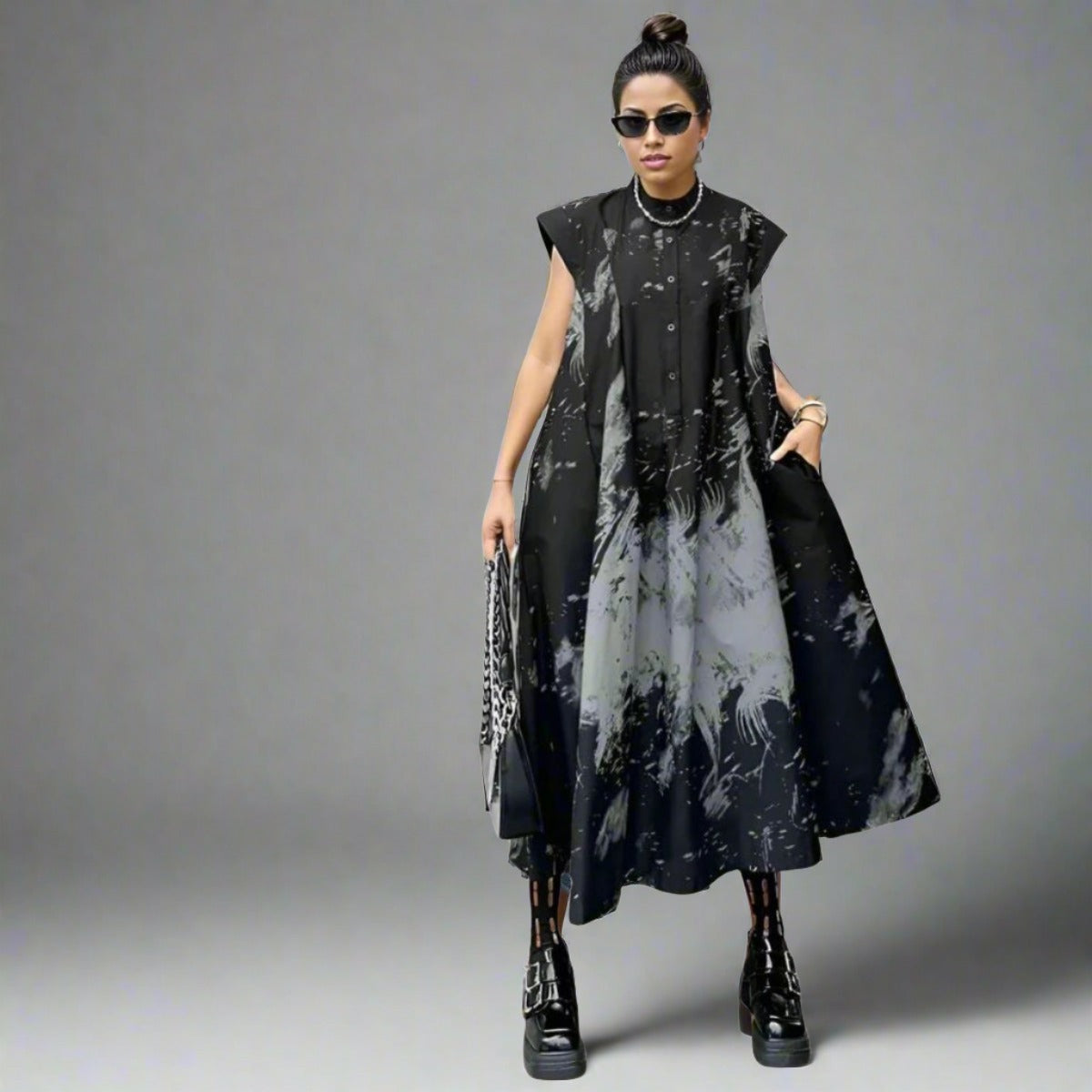 Gothic Sleeveless Tie-Dye Print Dress with Mandarin Collar-SimpleModerne