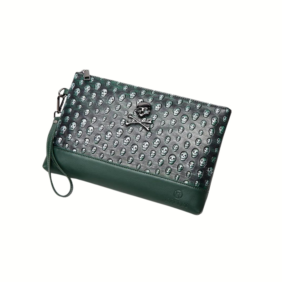 Skull-Embellished Faux Leather Document Purse - Black & Green-SimpleModerne