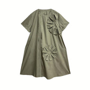 Mid-Length Dress with 3D Flower Decoration - Black & Olive-SimpleModerne