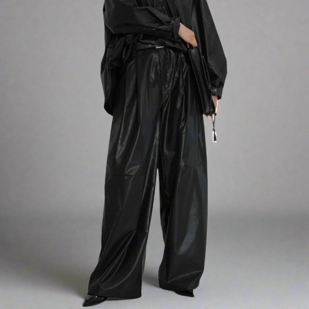 Casual Minimal Goth Glossy Look Trousers-SimpleModerne