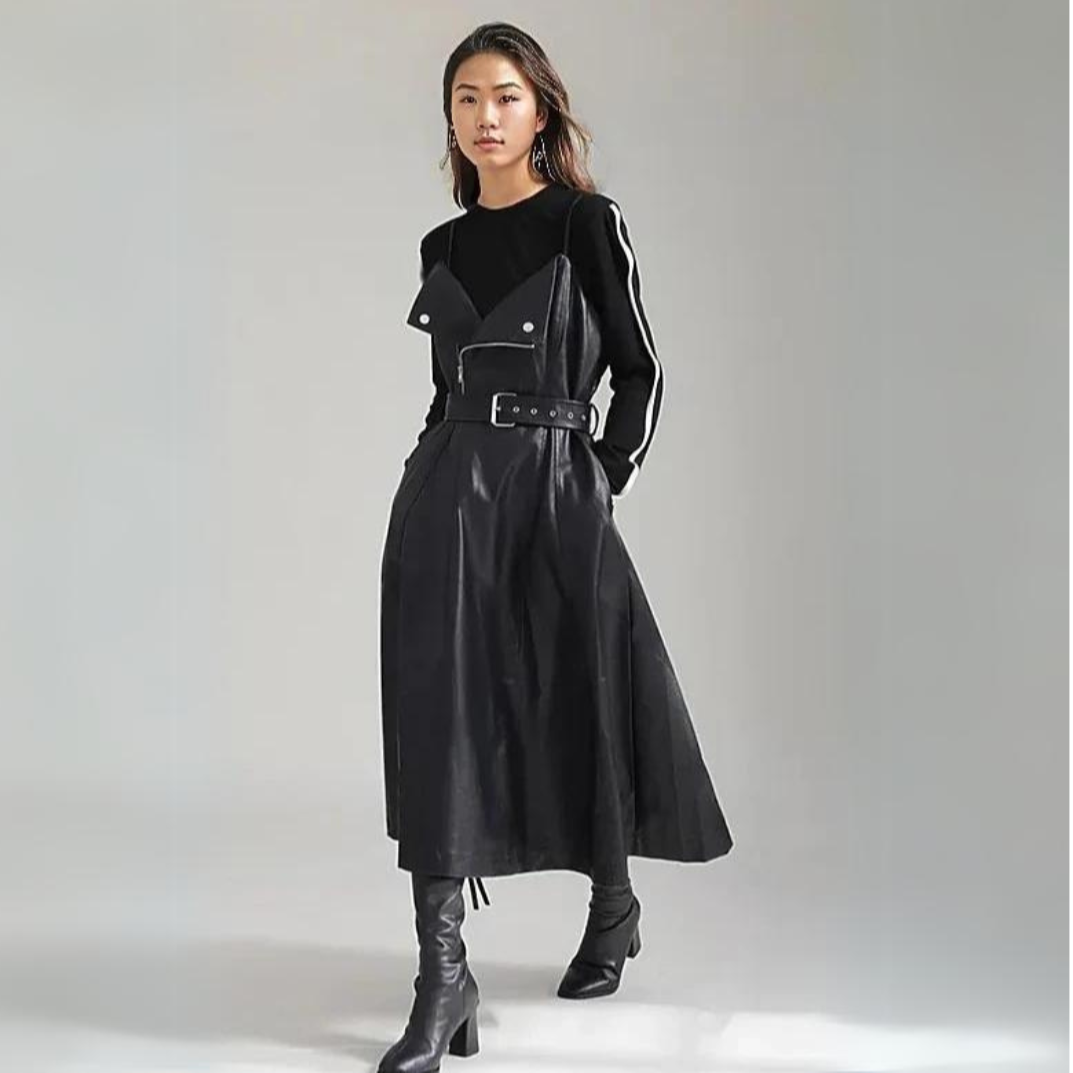 Casual Minimal Goth Vegan Leather Sarafan Style Dress-SimpleModerne