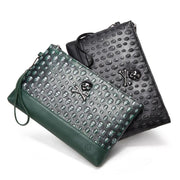 Skull-Embellished Faux Leather Document Purse - Black & Green-SimpleModerne