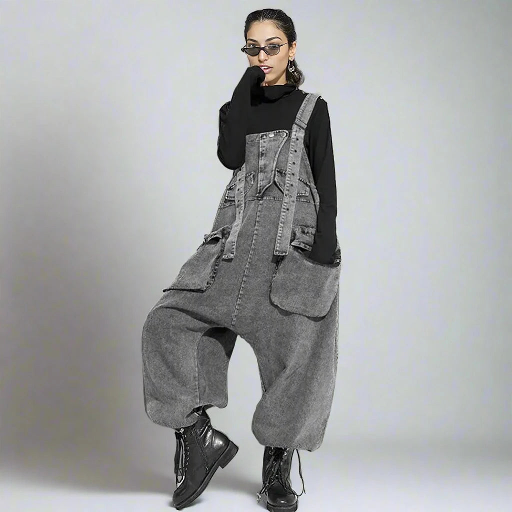 Street Punk Style Oversized Fit Vintage Denim Overalls-SimpleModerne