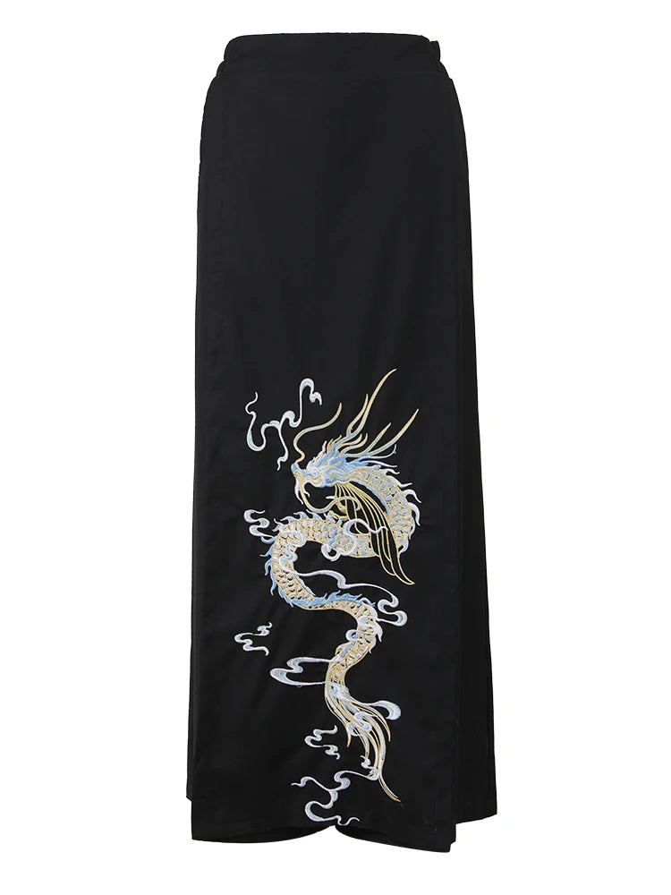 Trendy Trousers with Dragon Print and Stylish Overlay Design-SimpleModerne