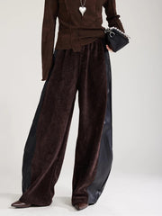 Vegan Leather Patchwork Relaxed Trousers - Coffee Brown & Black-SimpleModerne