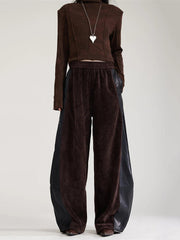 Vegan Leather Patchwork Relaxed Trousers - Coffee Brown & Black-SimpleModerne