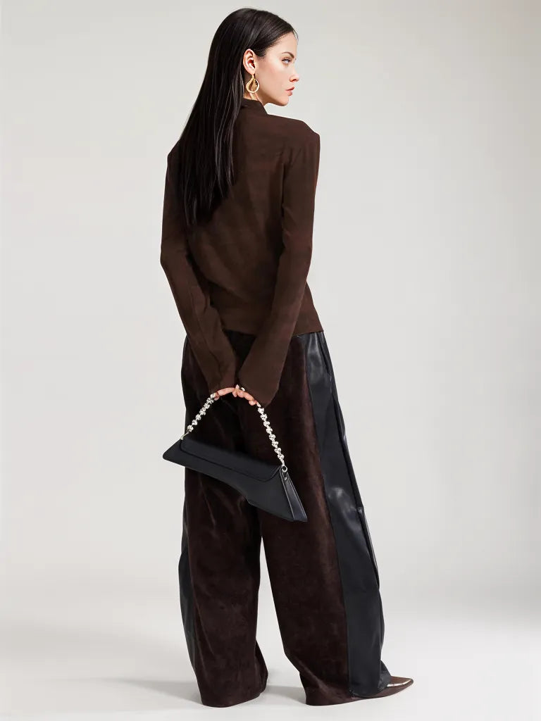 Vegan Leather Patchwork Relaxed Trousers - Coffee Brown & Black-SimpleModerne