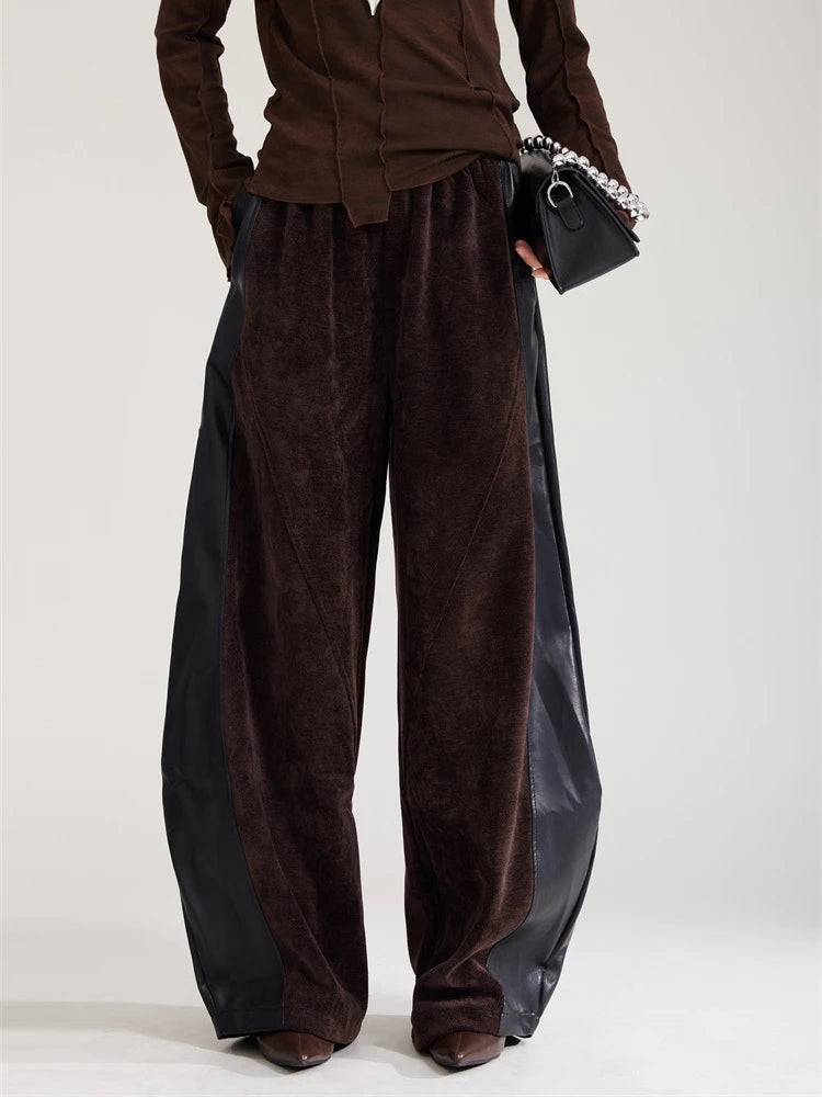 Vegan Leather Patchwork Relaxed Trousers - Coffee Brown & Black-SimpleModerne