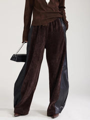 Vegan Leather Patchwork Relaxed Trousers - Coffee Brown & Black-SimpleModerne