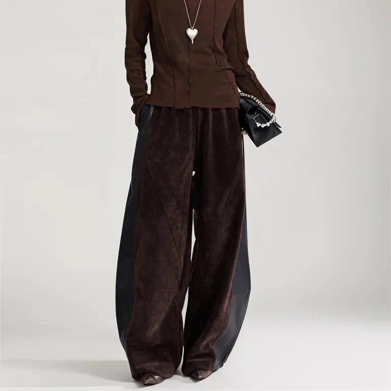 Vegan Leather Patchwork Relaxed Trousers - Coffee Brown & Black-SimpleModerne