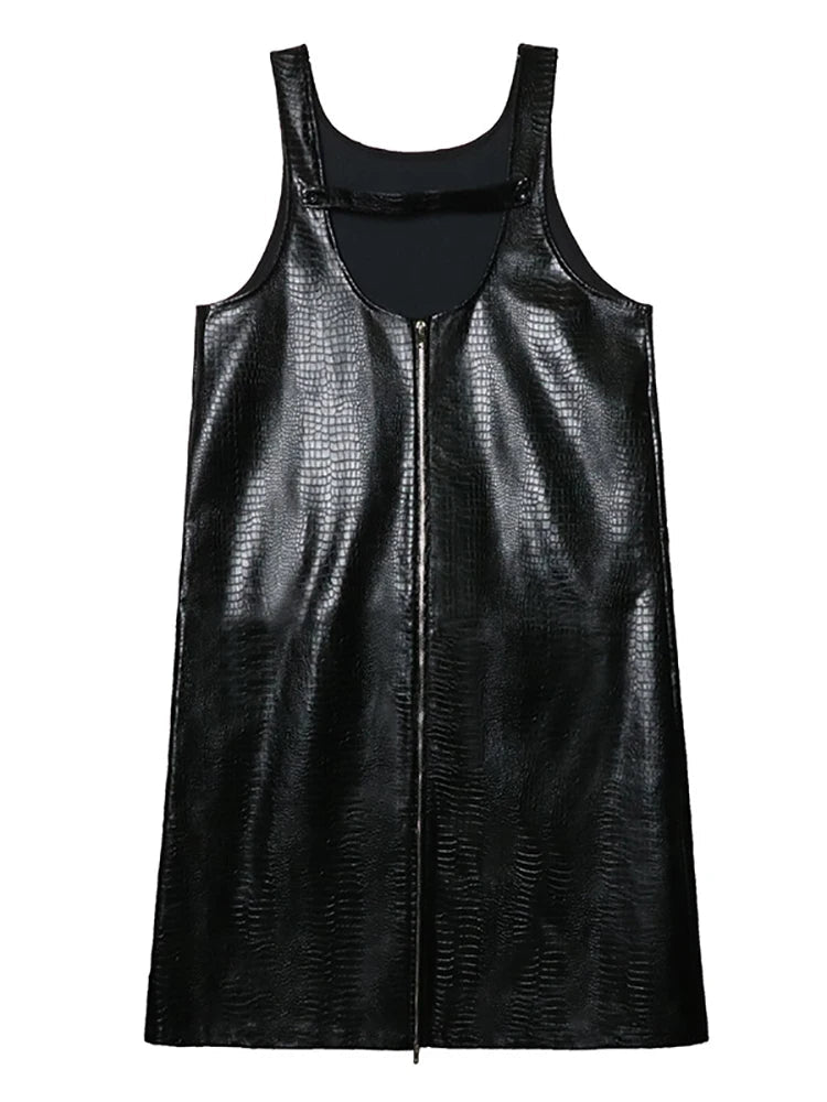 Vegan Leather Pinafore Dress with Zip Front-SimpleModerne