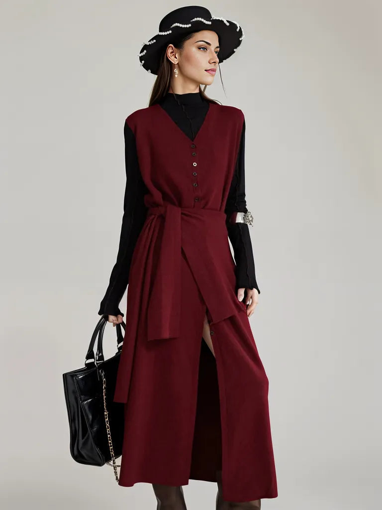 Wine Red Knitted Belted Longline Vest – Sophisticated Layering Essential-SimpleModerne