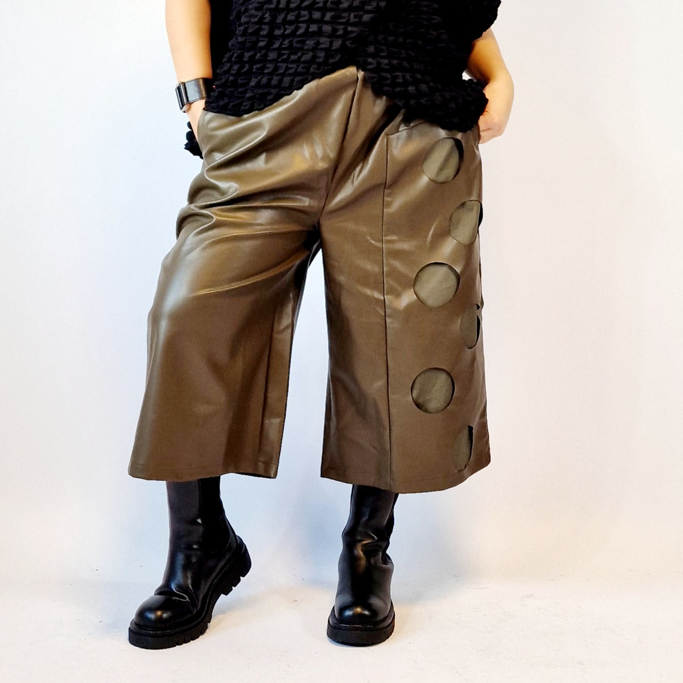 Eco Leather Khaki Trousers with Circle Pattern-SimpleModerne