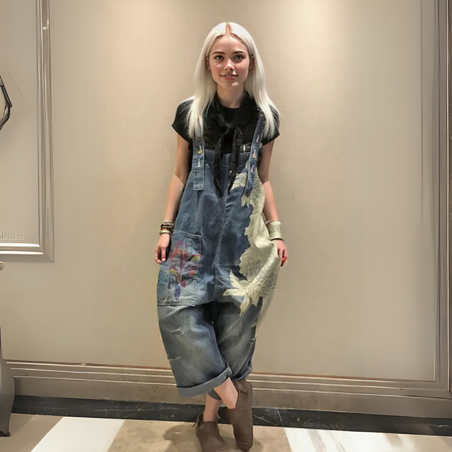 Vintage Oversized Capri Denim Overalls with Floral Print & Distressed Details-SimpleModerne