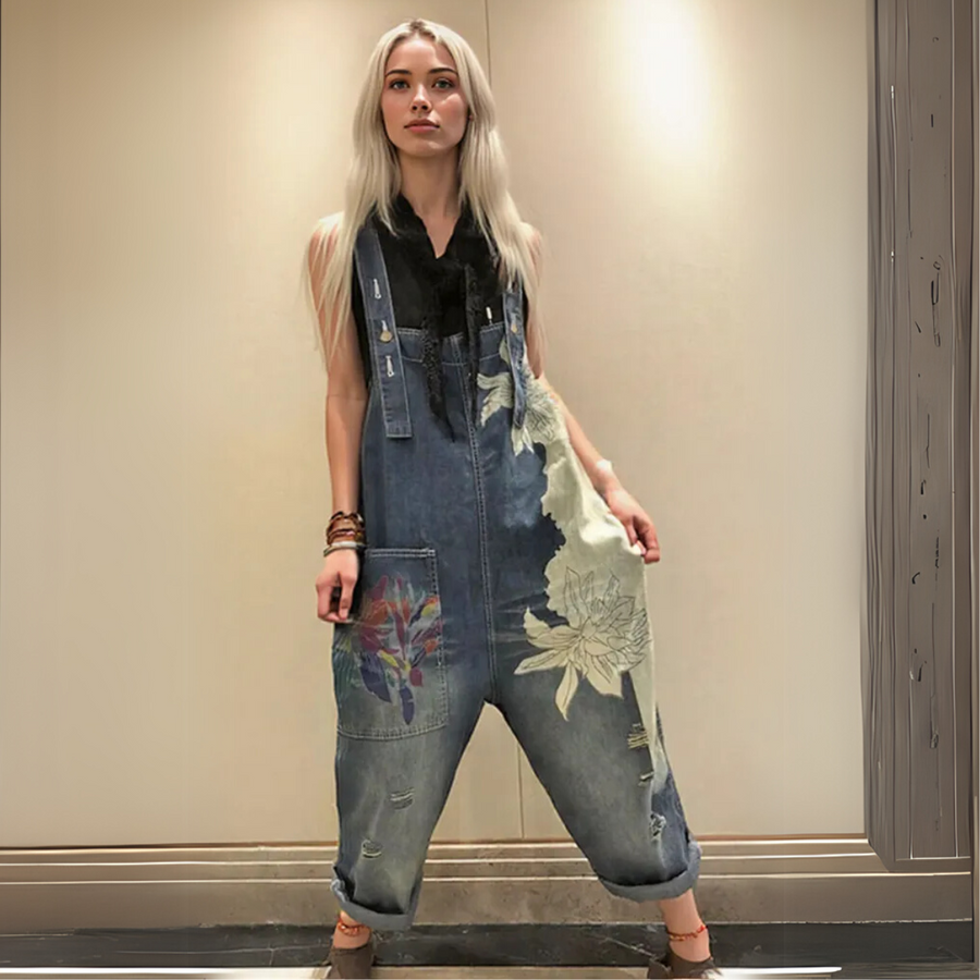 Vintage Oversized Capri Denim Overalls with Floral Print & Distressed Details-SimpleModerne