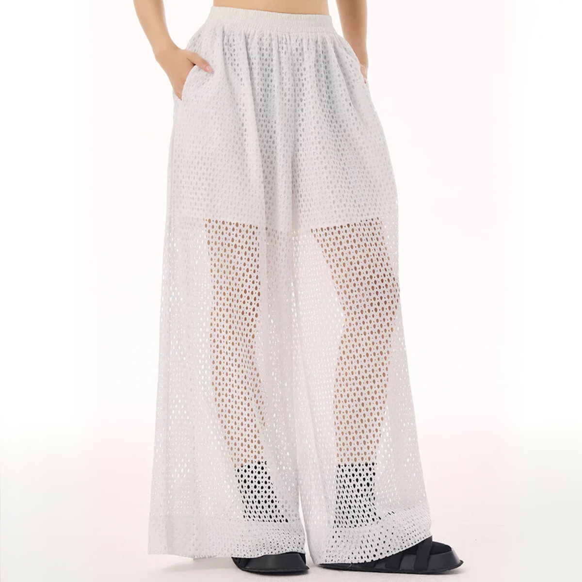 White Sheer Mesh Wide-Leg Trousers-SimpleModerne