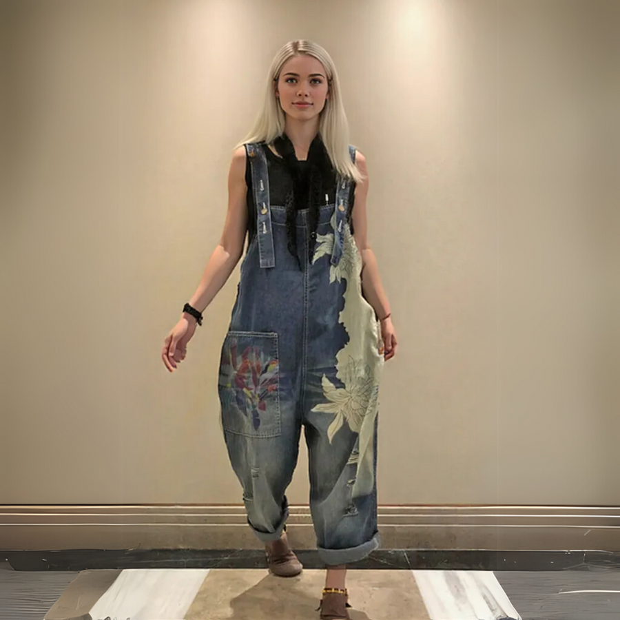 Vintage Oversized Capri Denim Overalls with Floral Print & Distressed Details-SimpleModerne